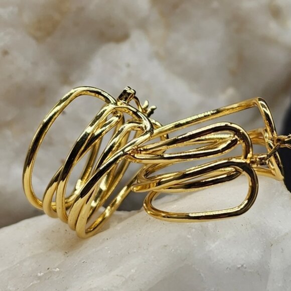 Rhodium/ 18 kt Gold Plated Hoops Earrings/Studs Contemporary Design - Picture 3 of 10